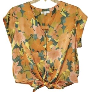 DR2 By Daniel Rainn Satin Cap Sleeve Tie Front Button Floral Blouse Size XL
